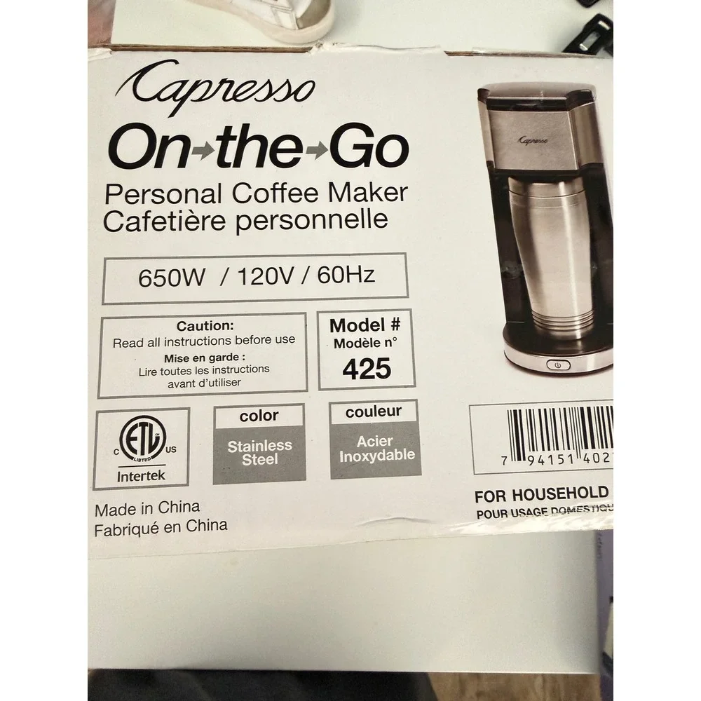 Capresso On-the-Go Personal Coffee Maker Stainless Steel Model 425 Travel Mug